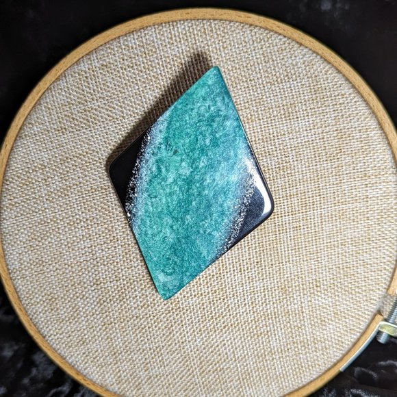 Oversize retro vintage brooch black and turquoise diamond-shaped - Picture 1 of 2